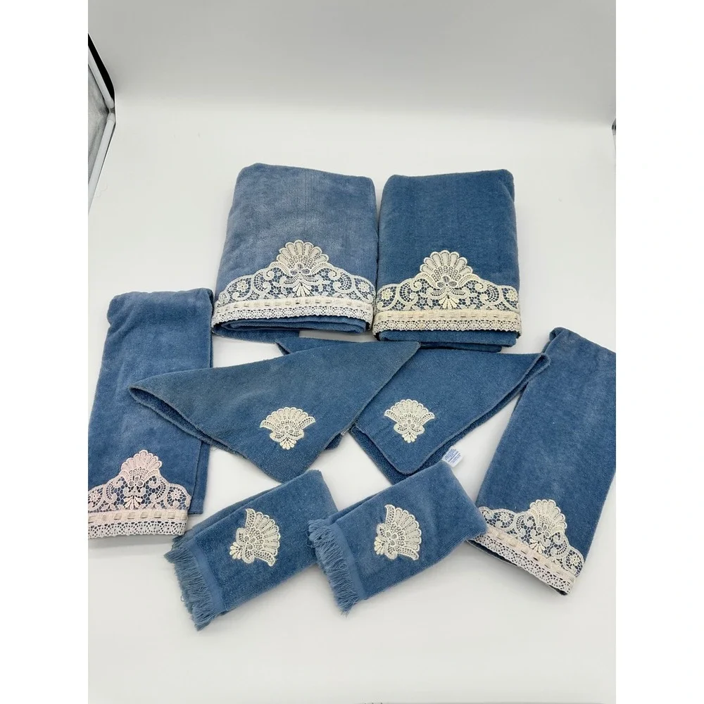 Burlington Towel‎ Set Vintage Lace Trim Cottagecore Blue 8 Piece Set